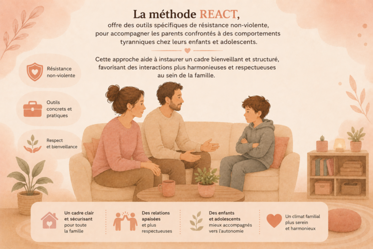 La méthode REACT, offre des outils spécifiques de résistance non-violente, pour accompagner les parents confrontés à des comportements tyranniques chez leurs enfants et adolescents. Cette approche aide à instaurer un cadre bienveillant et structuré, favorisant des interactions plus harmonieuses et respectueuses au sein de la famille.