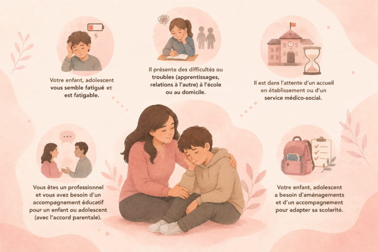 Je propose un accompagnement éducatif personnalisé et bienveillant aux enfants, adolescents, familles et professionnels confrontés à des difficultés scolaires, relationnelles, éducatives ou à des besoins d’adaptation dans le quotidien.